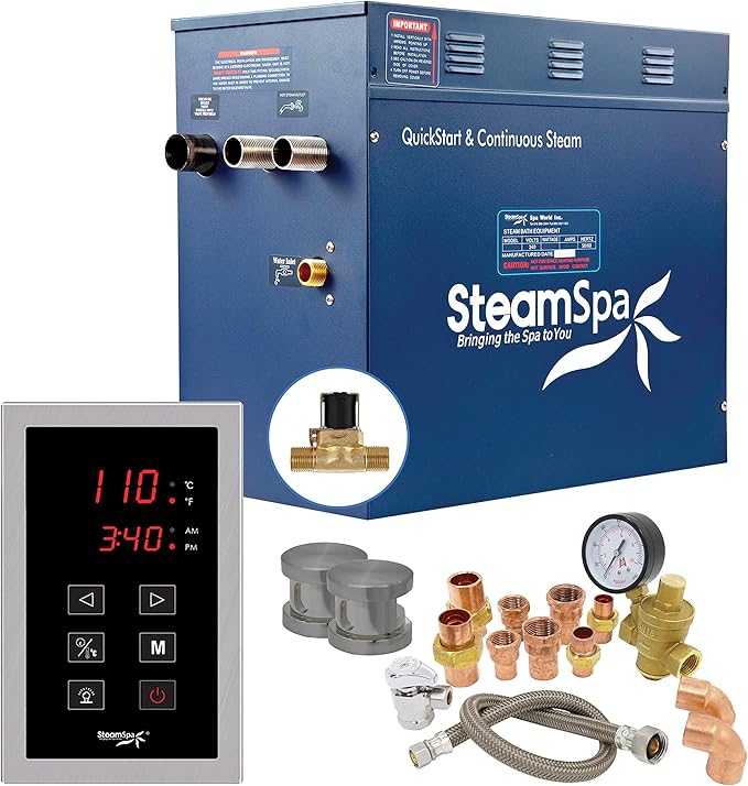 SteamSpa 10.5kW Steam Sauna Generator Premium Bundle 240V Steam Generator with Touch Pad Control, Steamheads, Pressure Relief Valve, Built-in Auto Drain and Plumber Quick Install Kit PRT1050BN-A