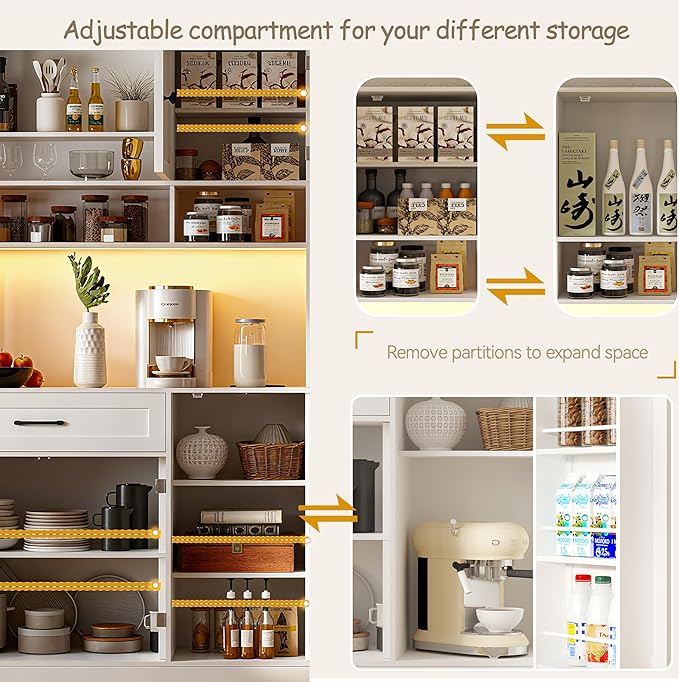 72" Kitchen Pantry Cabinet with LED Light and Charging Station Tall Pantry Storage Cabinet with Adjustable Shelves and Door Shelves Modern Kitchen Hutch with Microwave Stand and Countertop