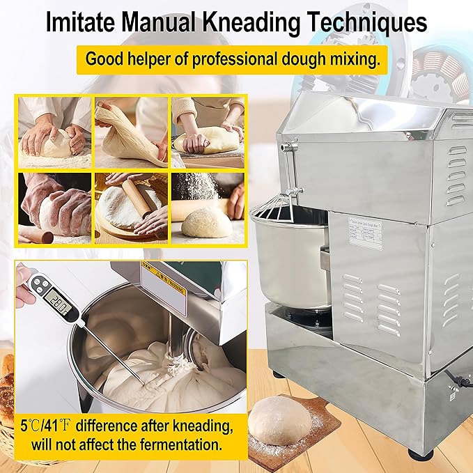 TECHTONGDA Commercial Electric Dough Mixer Mixing Machine, 20L Stainless Steel Spiral Stand Flour Mixer, Double Action Double Speed Dough Kneading Machine with Speed Time Control for Bakery Pizzeria