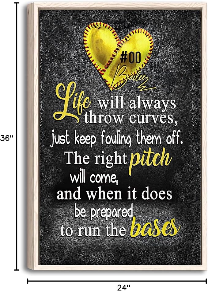 Custom Softball Life Is Always Throw Curves Gift For Pitcher Girl Personalized Name Number Poster & Framed Canvas, Wall Art Home Office Decoration Living Room Bedroom Aesthetic Decor