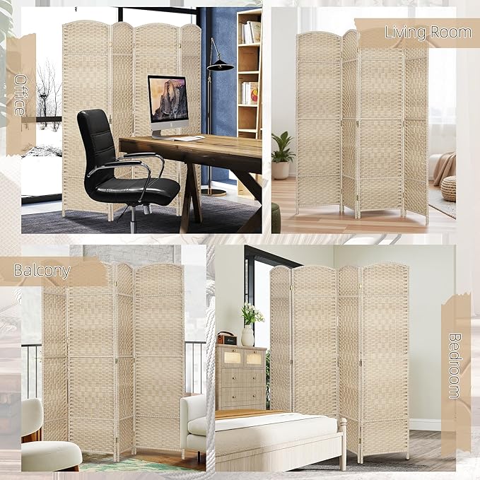 HOMCOM 4 Panel Room Divider, 6' Tall Folding Privacy Screen, Woven Freestanding Wall Partition for Home Office, Bedroom, Washed Oak