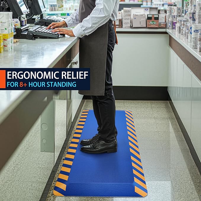 FEATOL Anti Fatigue Mat Industrial, Ergonomic Standing Floor Mat for Work for Stand -Safety Support for Leg & Back Pain(Blue with Yellow Border, 20" x 39", 1PC)