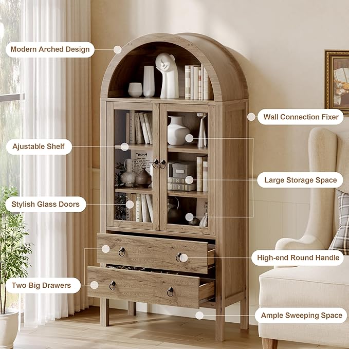71'' Tall Arched Cabinet, Arched Kitchen Pantry Cabinet with Doors, Wood Arch Storage Cabinets Bookcase with 2 Large Drawers and Adjustable Shelves, Versatile Cupboard for Living Room, Natrual