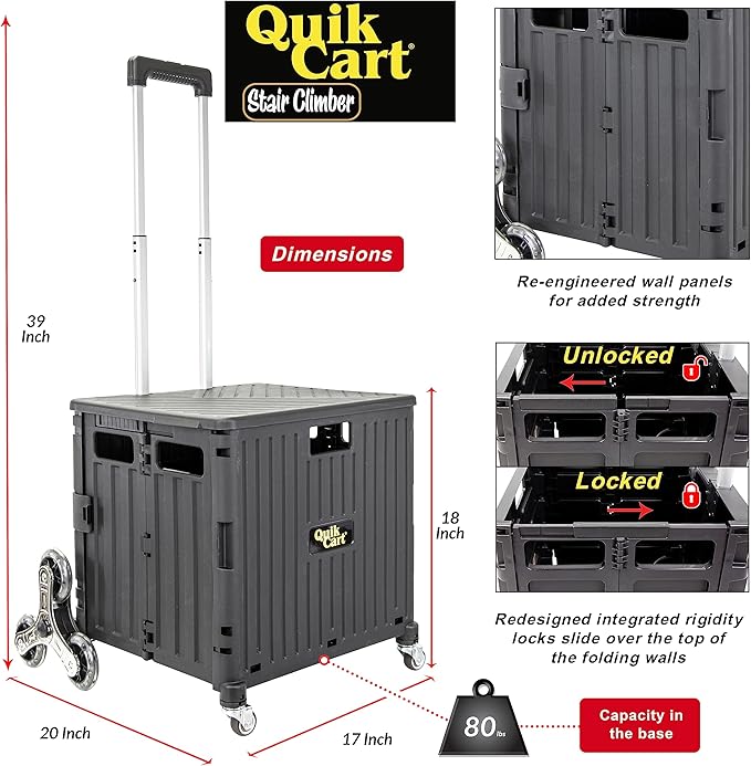 dbest Products Quik Cart Stair Climber Wheeled Rolling Crate Teacher Utility with seat Heavy Duty Collapsible Basket with Handle, 18" D x 17" W x 39" H, Black