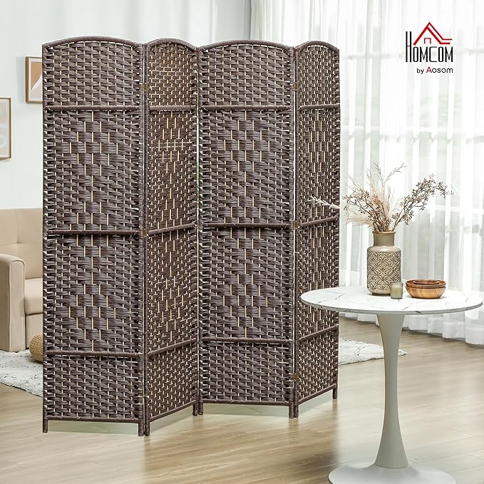 HOMCOM 4 Panel Room Divider, 6' Tall Folding Privacy Screen, Woven Freestanding Wall Partition for Home Office, Bedroom, Brown