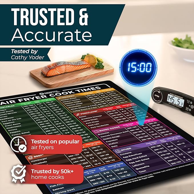 Cathy Yoder's Air Fryer Cheat Sheet Set, Air Fryer Accessories, AirFryer Cooking Guide Magnetic Cheat Sheet, AirFryer Cook Times Chart Magnet, Internal Food Temp for 80+ Popular Foods - Black
