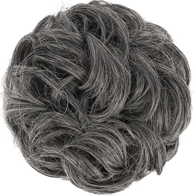 FESHFEN Large Messy Bun Hair Piece - Wavy Synthetic Chignon Scrunchies Elastic Ponytail Hair Extensions Thick Hairpieces for Women, Dark Salt and Pepper 1.94oz