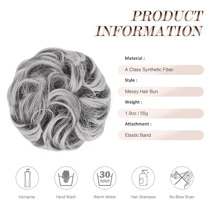 FESHFEN Large Messy Bun Hair Piece - Wavy Synthetic Chignon Scrunchies Elastic Ponytail Hair Extensions Thick Hairpieces for Women, Black with White Tips 1.94oz