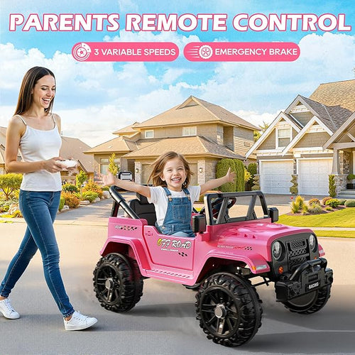 12V Ride On Truck Car with Remote Control, Kids Electric Vehicles with Bluetooth Music, Horn, 3 Speeds, 4 LED Lights, Soft Start, Ride on Toys for Toddler Boys & Girls (Pink)