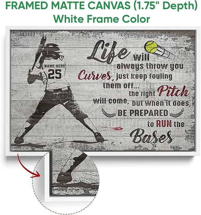 Personalized Softball Poster & Framed Canvas, Run The Bases Home Office Decor, Custom Name Number Bedroom Living Room Aesthetic Wall Art Gift For Girl, Daughter