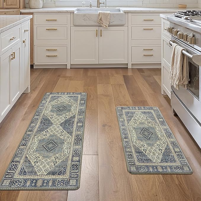 GENIMO Kitchen Mats for Floor 2PCs, Washable Anti Fatigue Mat for Cushioned, 17.3"x47"+17.3"x30", Waterproof Kitchen Rugs, Non Slip Comfort Standing Mat Rug for Home, Sink, Laundry, Vintage Blue