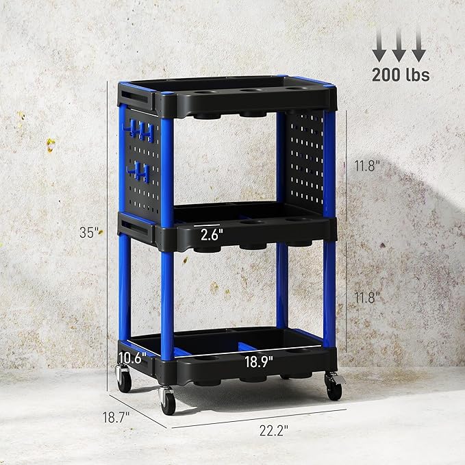 HOMCOM 3-Tier Rolling Tool Cart with Wheels, 200 LBS Capacity Plastic Utility Cart with Side Shelves, Mobile Service Tool Organizer for Garage, Warehouse, Workshop, Black and Dark Blue