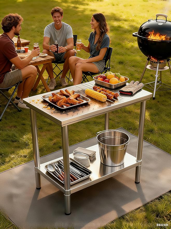 Stainless Steel Table Dining Table countertop is a Sturdy and Durable Double-Layer Operation Table for Restaurants and Kitchens, Outdoor use