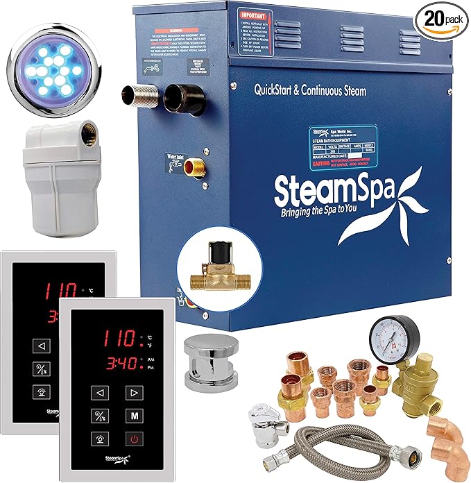 SteamSpa 4.5kW Steam Sauna Generator Executive Bundle 240V Steam Generator with Touch Pad, Steamheads, Pressure Relief Valve, Built-in Auto Drain, LED Light, Filter and Quick Install Kit EXT450CH-A