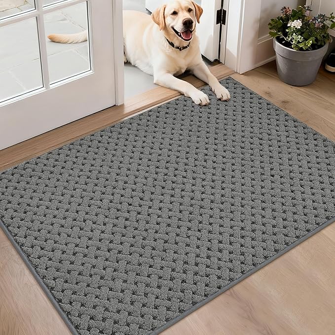 BEQHAUSE Dirt Trapper Door Mat Non-Slip Entryway Rugs Stain Resistant Absorbent Dog Doormats Woven-Look Washable Welcome Floor Doormat for Front Back Door, Muddy Wet Shoes & Paws, 32" x 48", Grey