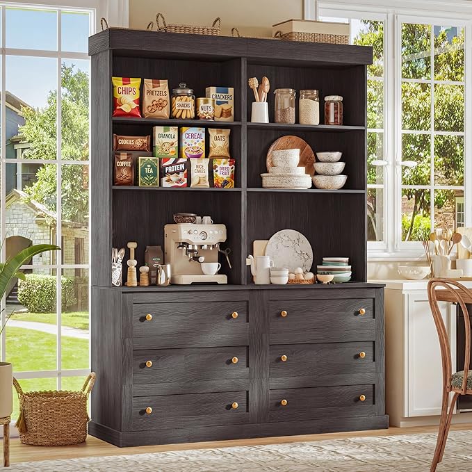 Vyre 71" Farmhouse Kitchen Pantry Cabinet Set of 3, Black Freestanding Coffee Bar Hutch with Drawers & Adjustable Shelves, Large Storage Cabinet with Microwave Stand for Living Room & Kitchen