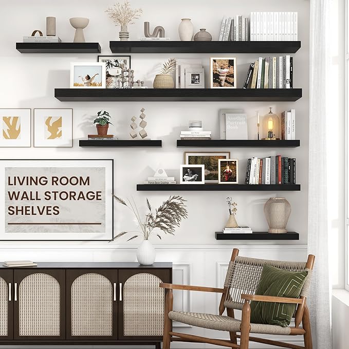 Floating Shelves for Wall 48"W x 9"D x 1.5"H, Long Engineered Wood Wall Shelves with Invisible Brackets for Living Room Bedroom Bathroom Office Kitchen Decor and Storage, Black Finish, Set of 2