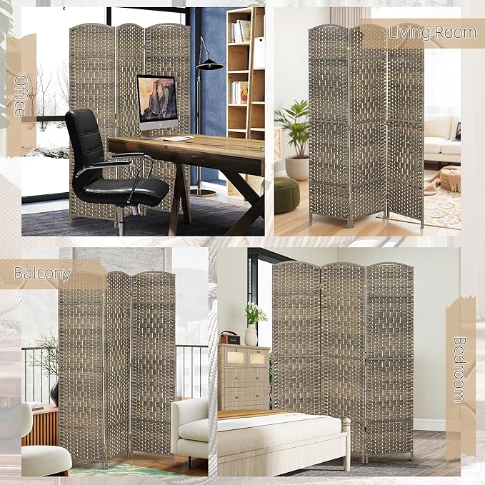 HOMCOM 3 Panel Room Divider, 6' Tall Folding Privacy Screen, Woven Freestanding Wall Partition for Home Office, Bedroom, Dark Rustic Oak