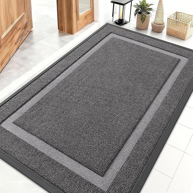 OLANLY Front Door Mat Indoor Outdoor Entrance, Waterproof All-Season, All-Weather Doormat, Sturdy Natural Rubber, Fade Resistant, Low Profile, Easy Clean Patio Porch Entryway Mat, 47x30, Dark Grey