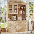 71" Farmhouse Kitchen Pantry Cabinet Set of 2, Brown Freestanding Coffee Bar Hutch with Glass Doors, Drawers & Adjustable Shelves, Large Storage Cabinet with Microwave Stand for Living Room & Kitchen