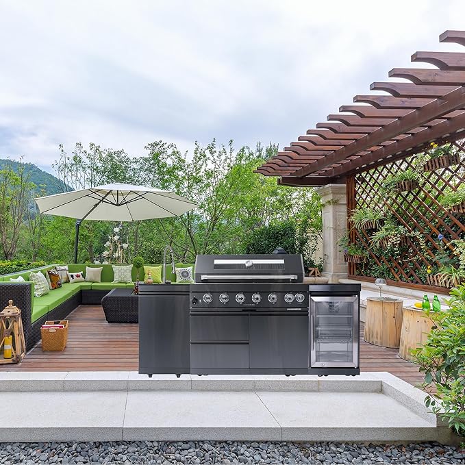 82 Inches 6-Burner 85,000 BTU Deluxe Stainless Steel Propane Gas Grill Outdoor Kitchen Island,Sink,Beverage Refrigerator Storage & Rotisserie Kit for Patio Backyard,Black