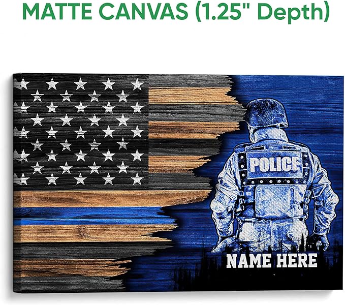 Custom Police Thin Blue Line American Flag Back The Blue Personalized Name Poster & Framed Canvas, Wall Art Home Office Decoration Living Room Bedroom Aesthetic Decor
