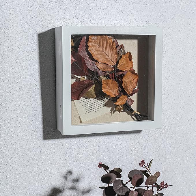 Freezing point Shadow Box Frame 10x10 Shadow Boxes Display Case with Linen Back Memorabilia Awards Medals Bouquet Photos Picture Badge Wedding Memory Box for Keepsakes White Small Pin Board White