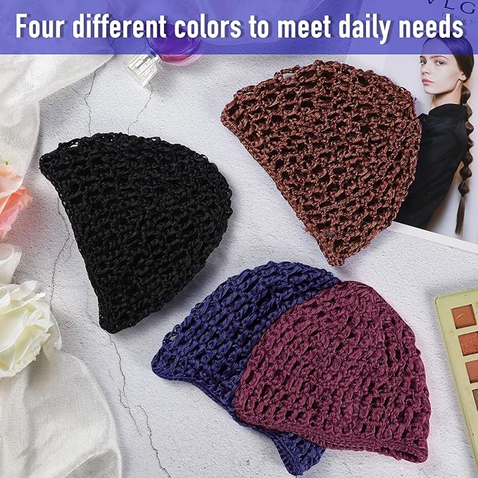 Geyoga 4 Pieces Mesh Crochet Hair Net Rayon Knit Snood Hat Thick Short Women Hairnet Snoods Cover Ornament for Sleeping (Purple, Navy Blue, Wine Red, Brown)