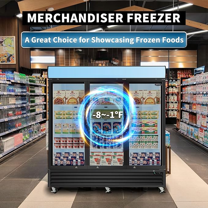 mikibama Glass Door Merchandiser Freezer, 70 Cu.ft Swing Door Commercial Reach-In Display Refrigerator with LED Top Panel Upright Freeze Storage, Three Cabinets, Black