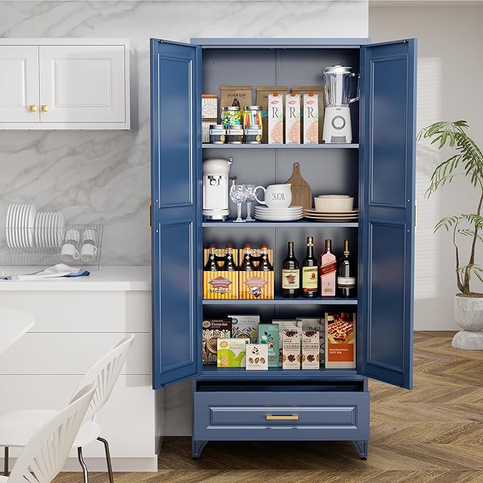 75" Tall Metal Storage Cabinet, Kitchen Pantry Storage Cabinets with Doors and 3 Shelves, Blue Pantry Cabinet with Drawer, Utility Kitchen Cupboard, Large Steel Cabinets for Living Room