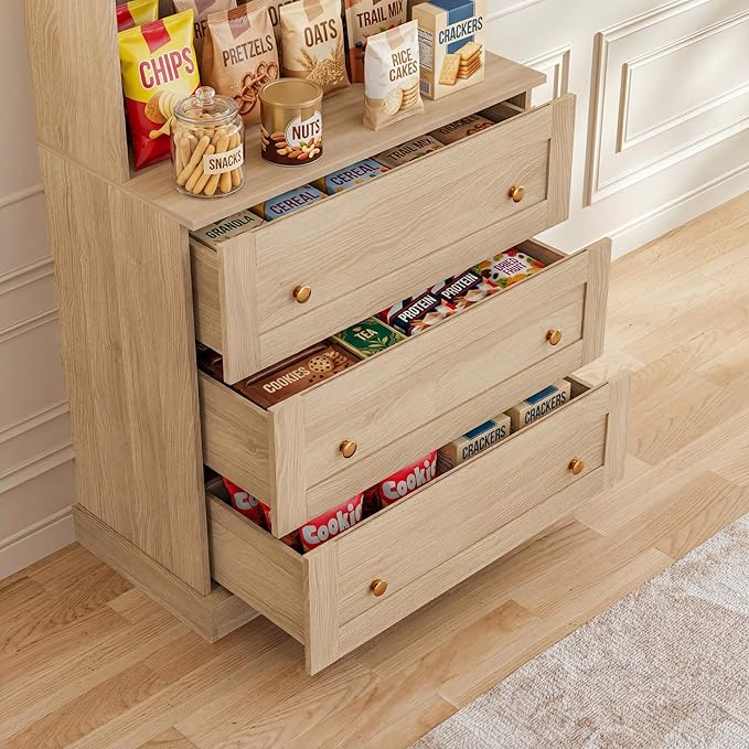 Vyre 71" Farmhouse Kitchen Pantry Cabinet Set of 3, Brown Freestanding Coffee Bar Hutch with Glass Doors & Adjustable Shelves, Large Storage Cabinet with Microwave Stand for Living Room & Kitchen