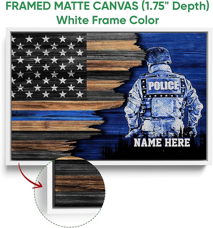 Custom Police Thin Blue Line American Flag Back The Blue Personalized Name Poster & Framed Canvas, Wall Art Home Office Decoration Living Room Bedroom Aesthetic Decor
