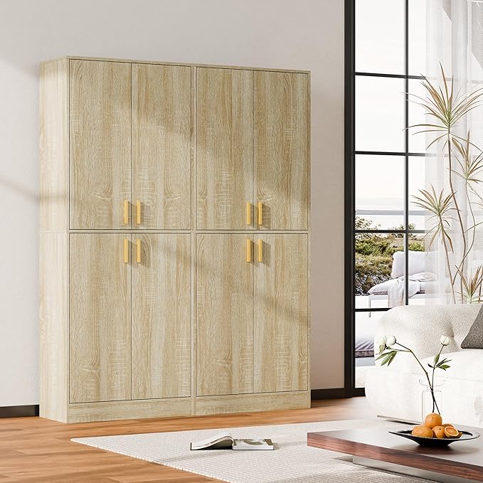 Cozy Castle Kitchen Pantry Cabinet, 71" Tall Wood Storage Cabinet with Doors and Shelves 4 Doors Freestanding Cupboard for Dining Room Living Room Bathroom Furniture, Whitewashed Oak