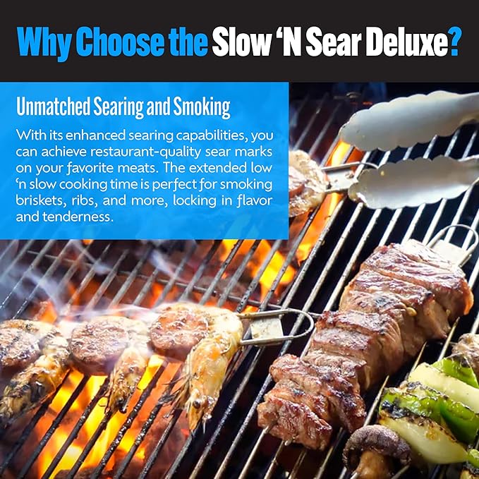 SnS Grills Patented Slow ‘N Sear® Deluxe Insert - Stainless Steel Charcoal Basket with Removeable Water Reservoir for Low ‘N Slow Smoking & Charcoal Grilling on Weber & Other Kettle Grills - 22 in