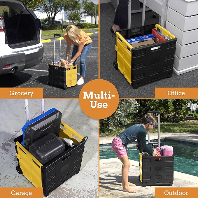 Inspired Living Ultra-Slim Rolling Collapsible Storage Pack-N-Roll Utility-carts, with Telescopic Handle, for Home, Garden, Shopping, Office, School use, Large, Yellow & Black