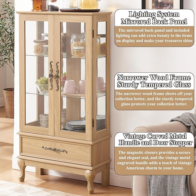 51" H Lighted Curio Cabinet Display Case, Glass Curio Cabinet with Adjustable Shelves,Tempered Glass Door and Drawer, Wooden Cabinets w/Mirrored Back Pane for Living Room (Light Oak)