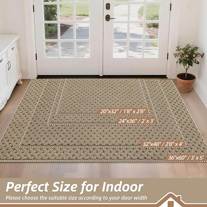 BEQHAUSE Dirt Trapper Door Mat Non-Slip Entryway Rugs Stain Resistant Absorbent Dog Doormats Woven-Look Washable Welcome Floor Doormat for Front Back Door, Muddy Wet Shoes & Paws, 20" x 32", Beige
