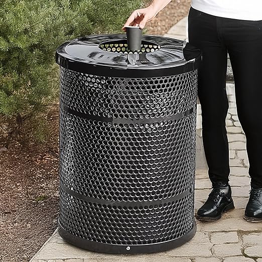 32 Gallon Perforated Trash Can with Flat Lid, Steel Outdoor Heavy-Duty Commercial Waste Bin, Round Recycle Container, Durable Garbage Can for Parks, Municipalities, Schools, Parking
