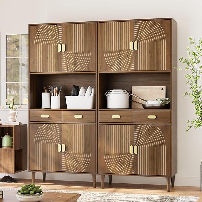 Smuxee 70.87" Walnut Kitchen Pantry Cabinet, Tall Food Pantry Cabinet with Line Groove Design, Kitchen Hutch with Microwave Stand for Dining Room, Living Room, Bar