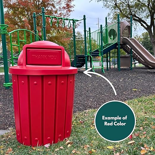Campus Collection 42 Gallon Circle 100% Recycled Plastic Heavy-Duty Commercial Outdoor or Indoor Trash Can with Push Open Dome Lid and Internal Liner | Great for Schools and Businesses - Red
