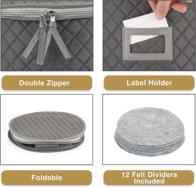 China Storage Case - Salad Plate Quilted Case - 10" W x 6" H - Gray - Includes 12 Felt Separators - Stackable With Padded Interior to Store your Dinnerware Dishes