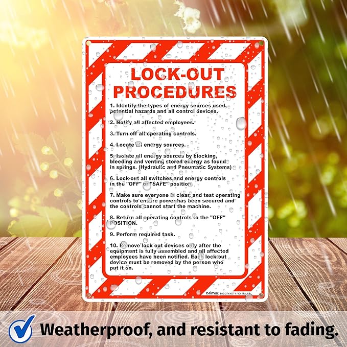 Brimar - 7" x 10" - Lock-Out Procedures Sign - Polyethylene Plastic - Easy Installation - Workplace Safety