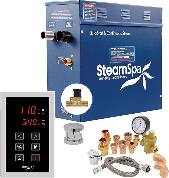 SteamSpa 9kW Steam Sauna Generator Premium Bundle 240V Steam Generator with Touch Pad Control, Steamheads, Pressure Relief Valve, Built-in Auto Drain and Plumber Quick Install Kit PRT900CH-A