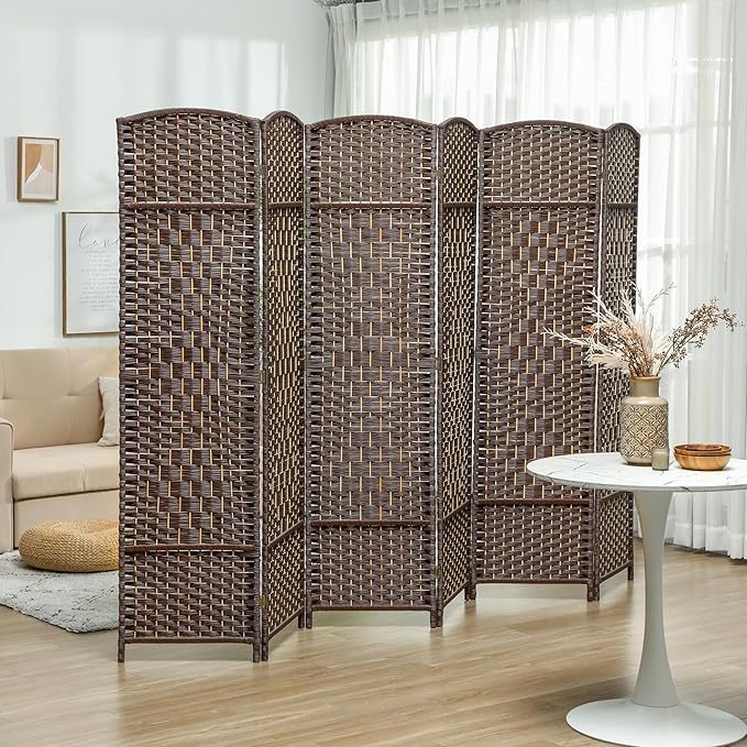 HOMCOM 6 Panel Room Divider, 6' Tall Folding Privacy Screen, Woven Freestanding Wall Partition for Home Office, Bedroom, Brown