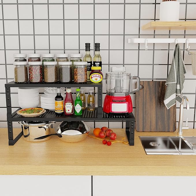 Expandable Adjustable Stackable Kitchen Organizer, Spice Rack,Metal Pantry Storage Shelves Racks,Counter Shelf for Cabinets, Countertop, Cupboard (2 Packs/Large/Black)