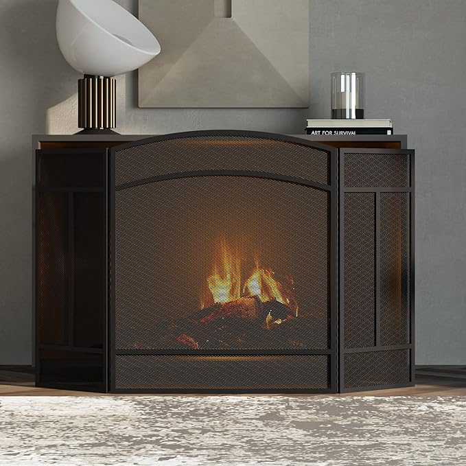 Fire Beauty Fireplace Screen 3 Panel Wrought Iron 48"(L) x 29"(H) Spark Guard Cover(Sanded Black)