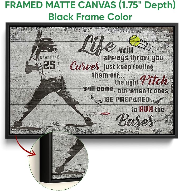 Personalized Softball Poster & Framed Canvas, Run The Bases Home Office Decor, Custom Name Number Bedroom Living Room Aesthetic Wall Art Gift For Girl, Daughter
