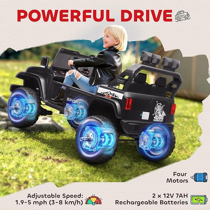 Qaba 24V 2-Seater Kids Ride on Truck Car, 44-50" L Adjustable 4WD Electric Car, 5 MPH Max Speed, Remote Control, Spring Suspension, Storage and LED Lights for Kids Ages 37-95 Months, Black