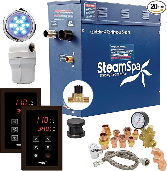 SteamSpa 9kW Steam Sauna Generator Executive Bundle 240V Steam Generator with Touch Pad, Steamheads, Pressure Relief Valve, Built-in Auto Drain, LED Light, Filter and Quick Install Kit EXT900OB-A
