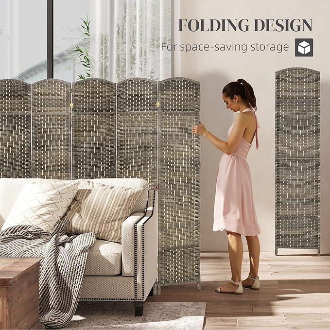 HOMCOM 6 Panel Room Divider, 6' Tall Folding Privacy Screen, Woven Freestanding Wall Partition for Home Office, Bedroom, Dark Rustic Oak